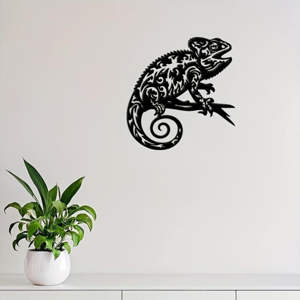Metal Wall Art Black Chameleon Reptile Decor, Indoor Outdoor Patio Gift for Christmas Thanksgiving Birthday, Nature Home Ornament