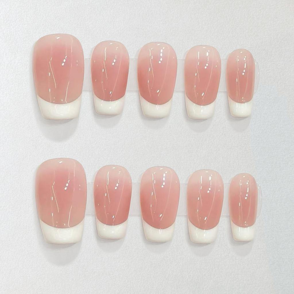 10Pcs French Tip Short Square Fake Nails Gradient Nude Blush With White Edge Press On Manicure Patches