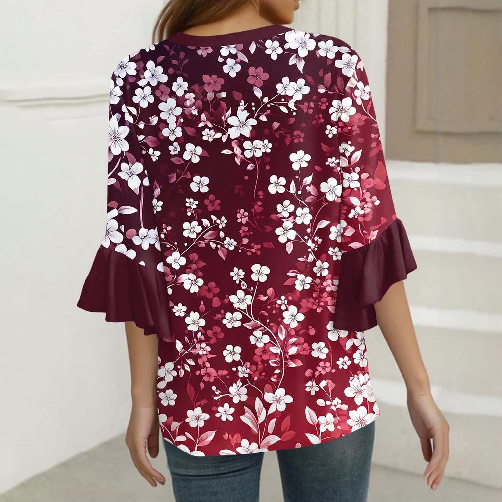 Tops For Women Cute Button V Neck 3/4 Sleeve Blouses Print Top Casual Shirts
