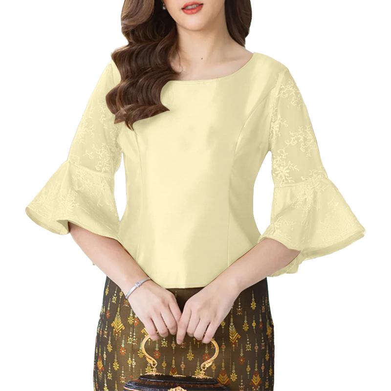 

ZANZEA Женская повседневная блузка с круглым вырезом, сетчатой вставкой и рукавами 3/4 на лето 2XL