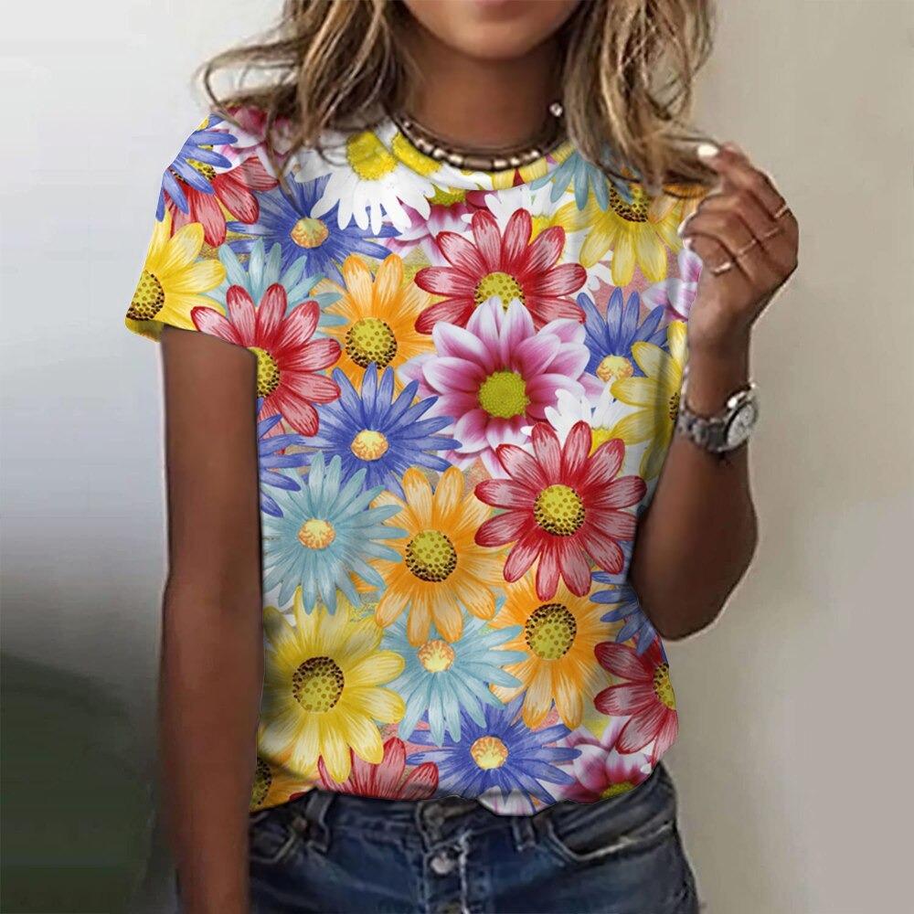 Camiseta de moda para mujer, ropa Harajuku con estampado floral, cuello redondo, jersey con estampado 3D, camisetas de manga corta, ropa urbana holgada de verano