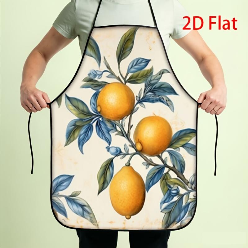 1pc 2D Printed Creative Apron Vintage Lemon Branch Pattern Yellow Fruit Blue Leaf Design Kitchen Cooking Wear Artistic Home Deco