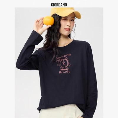 Women's Cotton Long Sleeve Round Neck T-shirt with American Illustration Print
