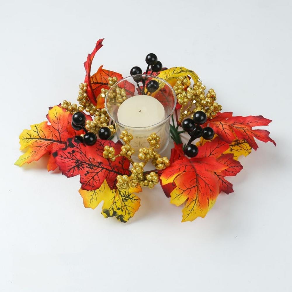 Halloween Candle Wreath Black Maple Leaf Pumpkin Candlestick Wreath Artificial Flower Garland Home Festival Decoration Supplies