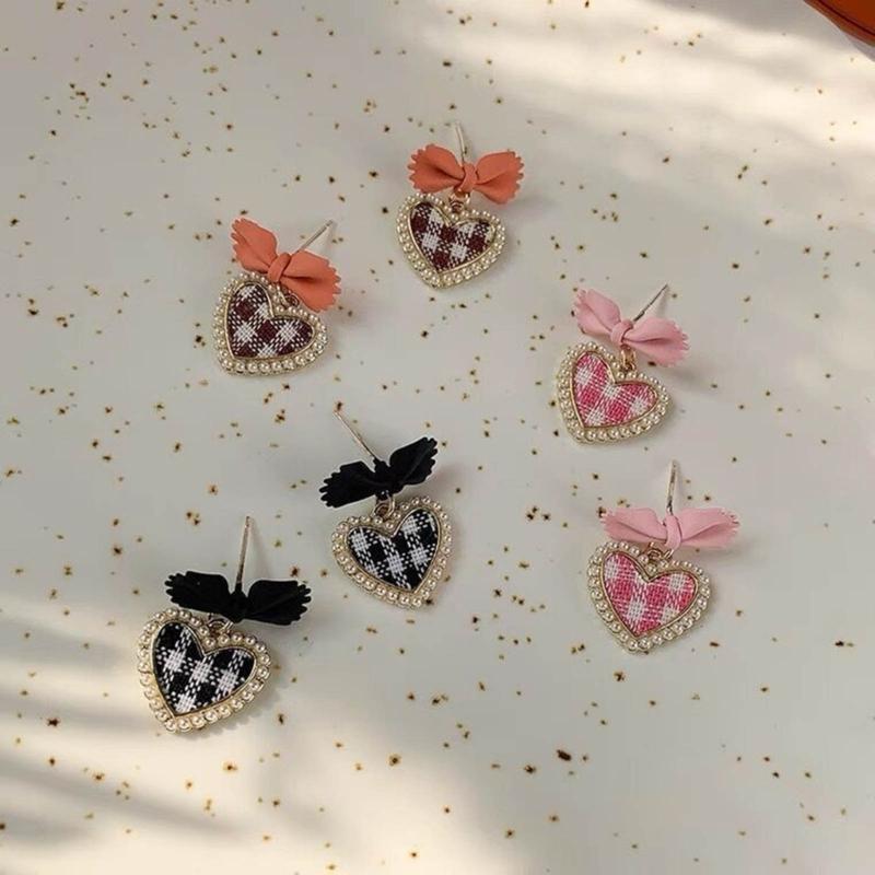 Cute Korean Hanging Love Grid Pearl Heart Earrings for Women Girls Fashion 2024 Bowknot Earrings Trend Party Jewelry