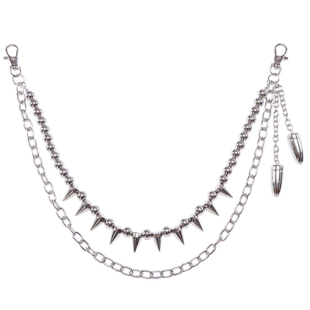 European & American Fashion Double-Layer Pant Chain with Rivets, Beads, and Bullet Pendant