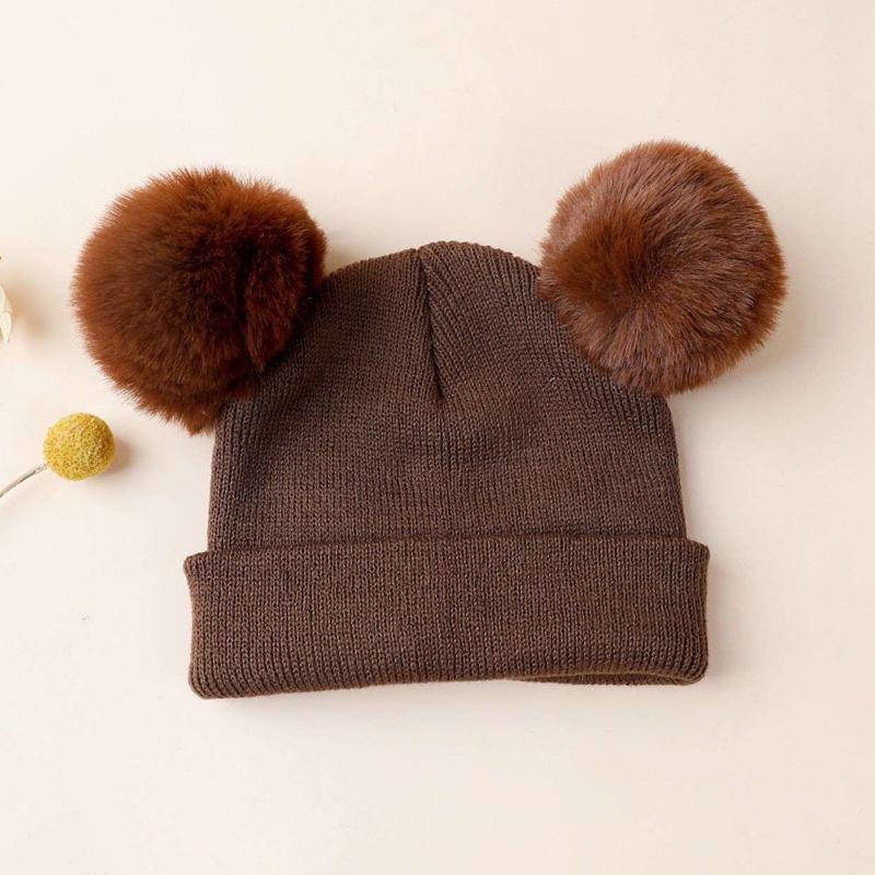 1pc solid color Beanie with Double Hairball,Winter Warm Leisure windproof multifunctional Kids Knit Cap For Autumn and Winter