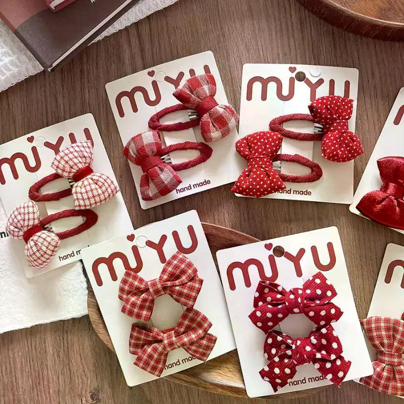 1Pair New Year Cute Red Bow Hairpins Children Girls Hair Clips Pin Barrettes Accessories Hairclip Headwear Headdress Ornament