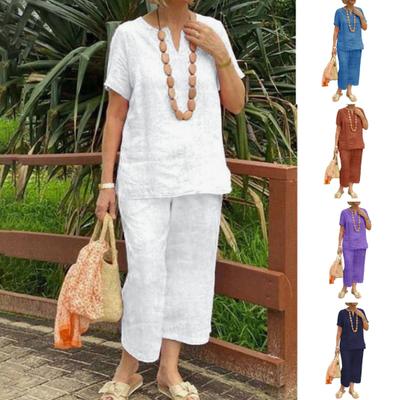 2Pcs Short Sleeve Blouse Pants Set for Women Loose Top Wide Leg Pants Sets Solid Tracksuit Outfit Summer Casual Matching Outfit