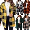 Open Front Hooded Sweater Coat Women Loose Fit Mid Length Plaid Print Knitting Long Sleeve Knitwear