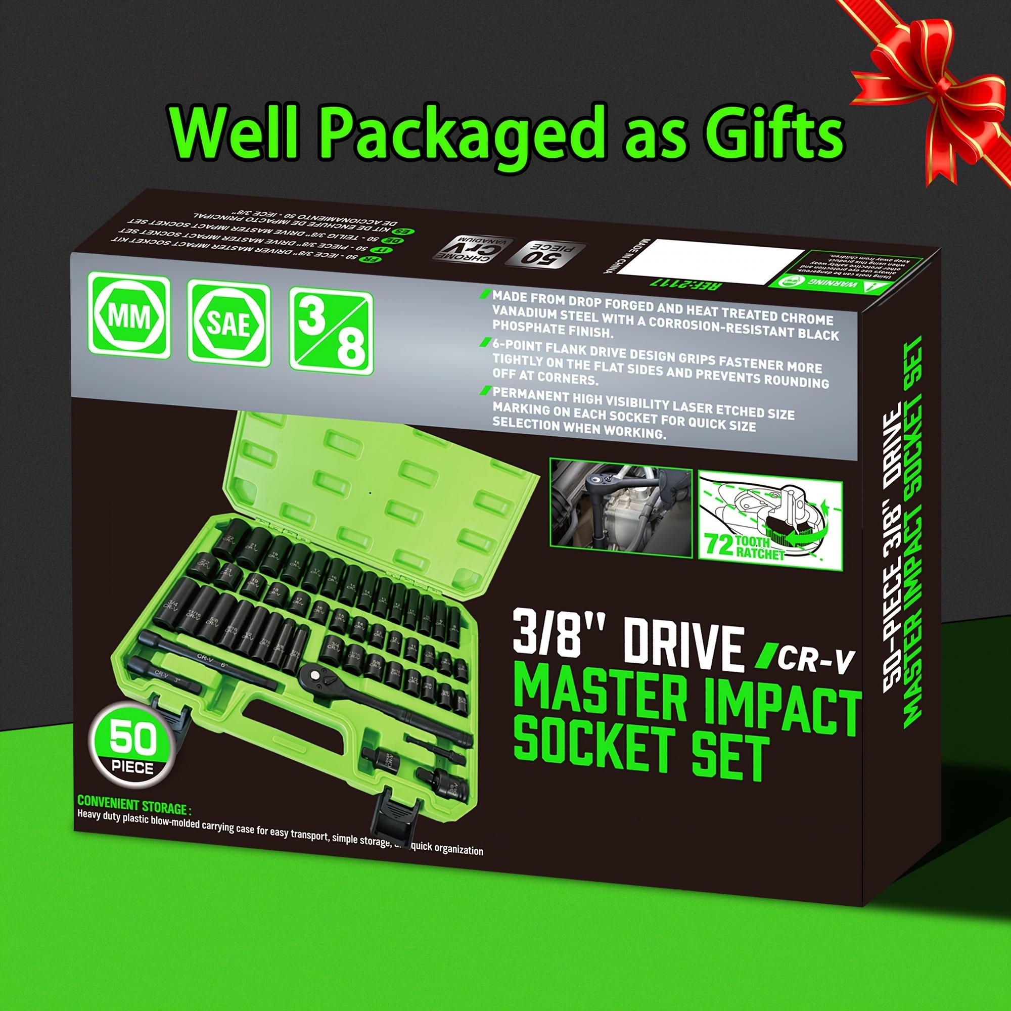 

Набор из 50 ударных головок 3/8 дюйма — с высоким крутящим моментом, 6-точечная метрическая резьба (8-22мм) и САЕ (5/16-3/4-дюйма) Розетки, прочный хром