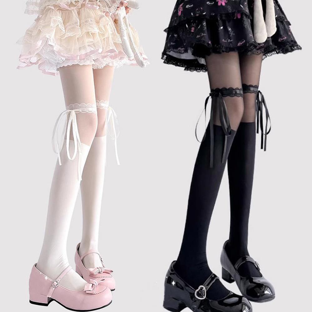 Women's Suspender Stockings with Lace Bows Japanese Lolita Hotsweet Thigh High Stockings Tights JK Style White Pantyhose