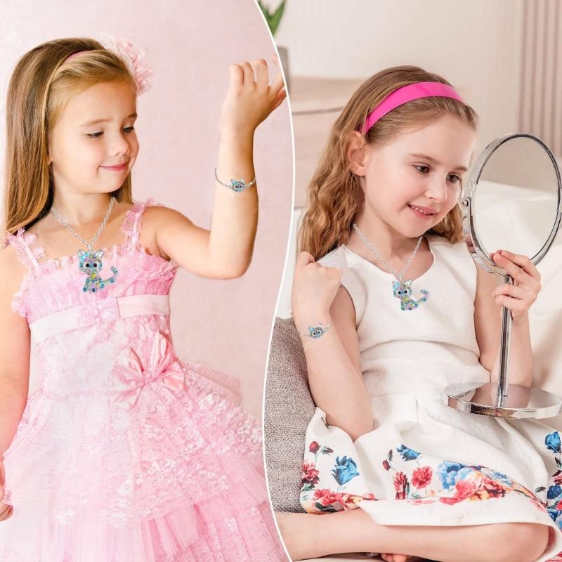 Cat Jewelry Set for Girls Necklace Bracelet Ring Stud Earring Sets for Kids Rainbow Rhinestones Jewelry for Women Girls