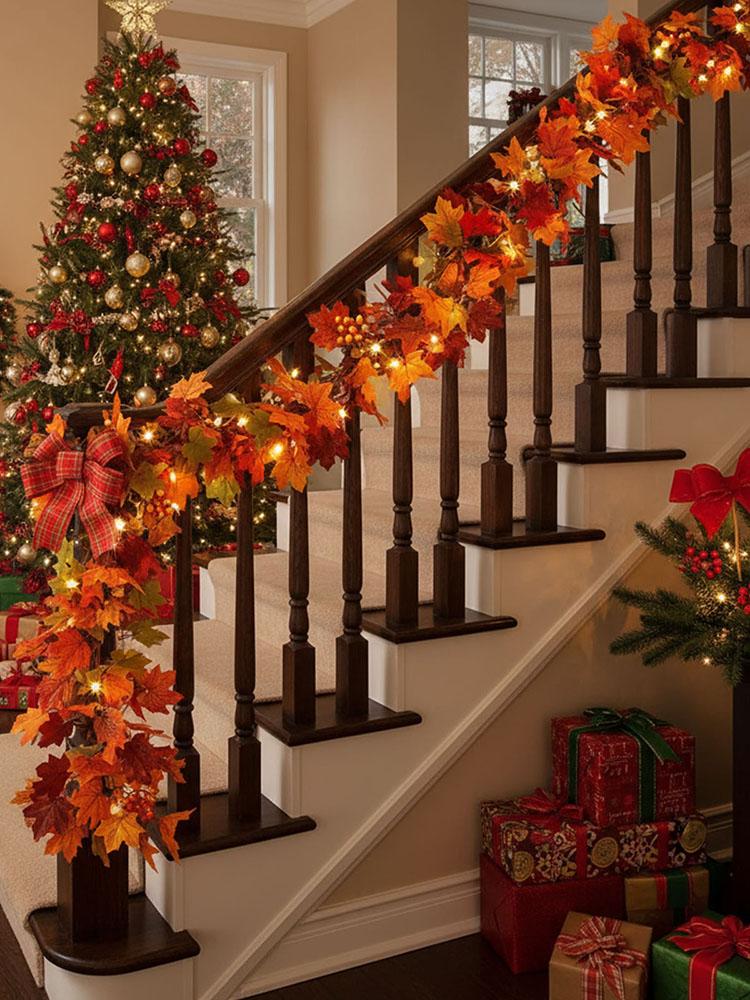 Herbst-Ahornblatt-Girlande Mehrzweck-Erntedankfest-Türkranz Simulation Ahornblatt Rattan für Kamin Party Weihnachten