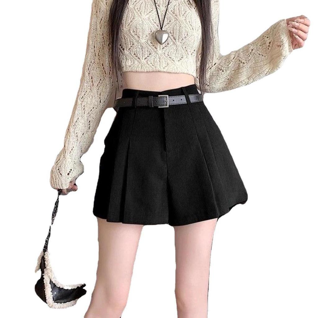 Women's Autumn High-Waisted Corduroy Wide-Leg Shorts – Slimming Pleated Bootcut Casual Wear.
