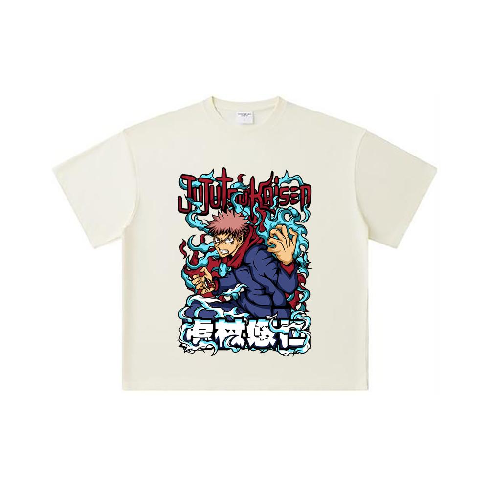 260 GSM Double Yarn 32 Count 100% Cotton Jujutsu Kaisen V50 Yuji Print Unisex Heavy Cotton T Shirt