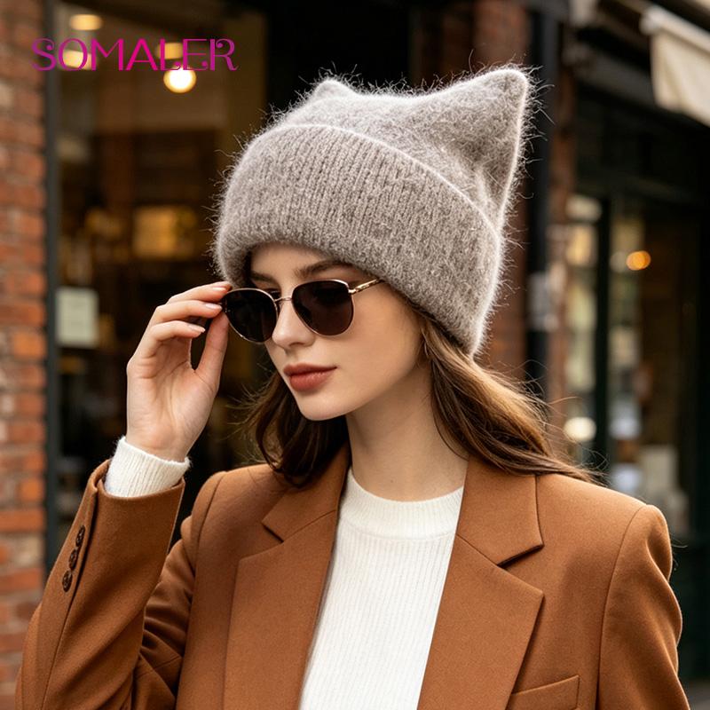 SOMALER Women's Autumn Winter Angora Knit Warm Hat with Brim and Sequin Decoration Cute Cat Design Beanie 54-58cm