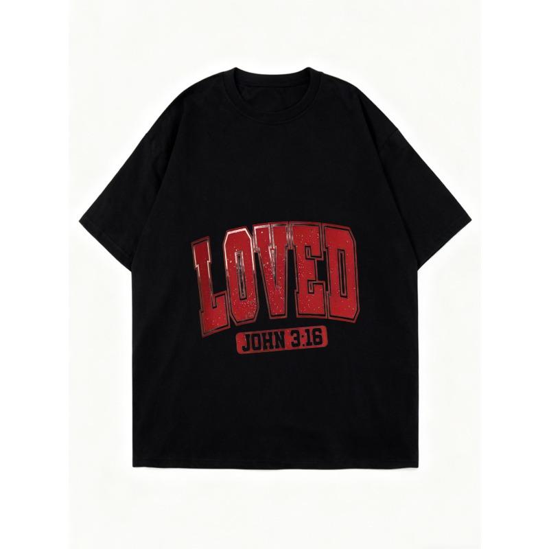 Women's Short-Sleeve T-Shirt with Retro Distressed Red "LOVED" Letter and "JOHN 3:16" Slogan Print