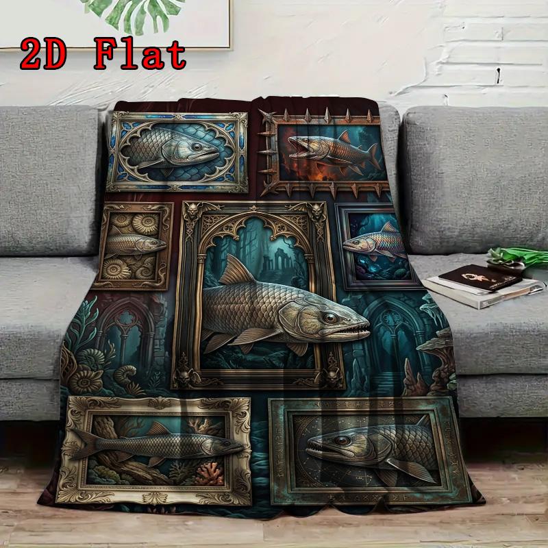 Prehistoric Fish Art 2D Flat Pattern Flannel Blanket, High Quality All Seasons, Home Decor, Warmth and Comfort, Perfect for Christmas Gifts.