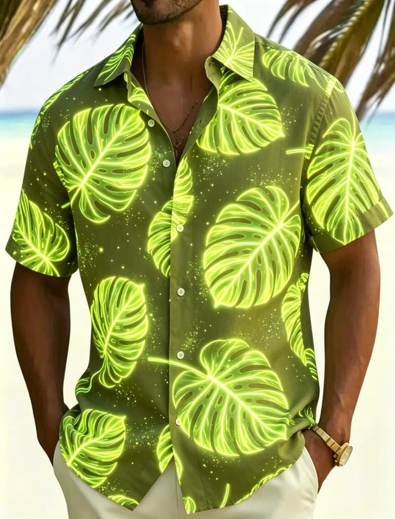 Herren Hemd mit Neon Tropischem Blumenmuster, Lässig, Personalisierter Sommerstil, Geeignet für Nachtreisen, Poolpartys Und Täglichen Gebrauch