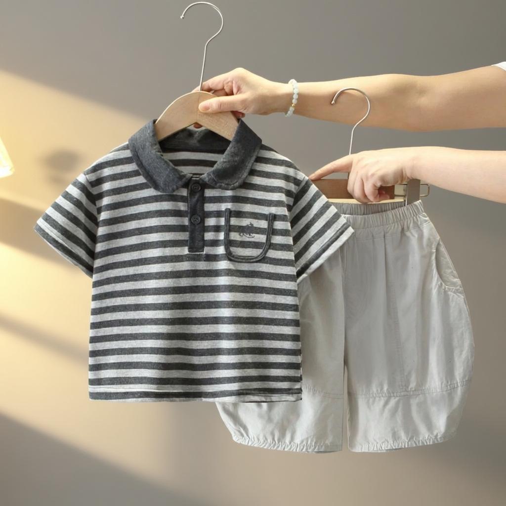 Boys 2026 Summer Striped Polo Two-Piece Set: Cool & Trendy Short Sleeve Outfit 120cm