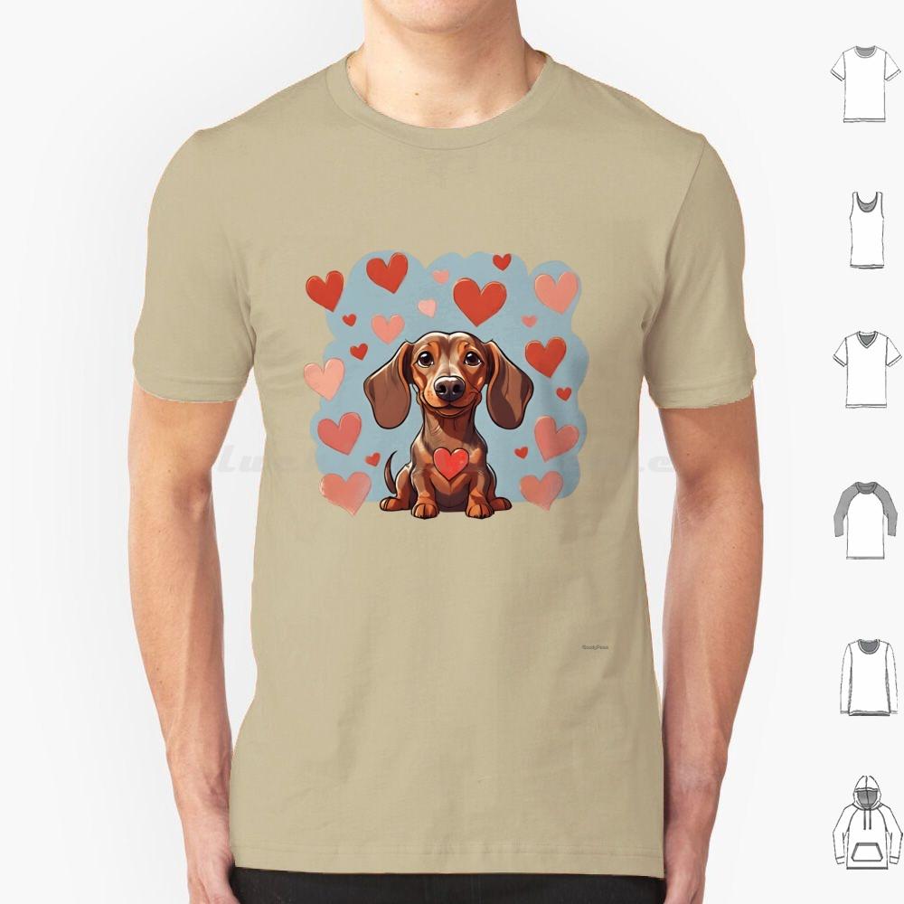 Cute Valentine Daschound Dog T Shirt Cotton Men Women DIY Print Dog Breeds Cute Dog Dog With Hearts Valentine Dog Animals