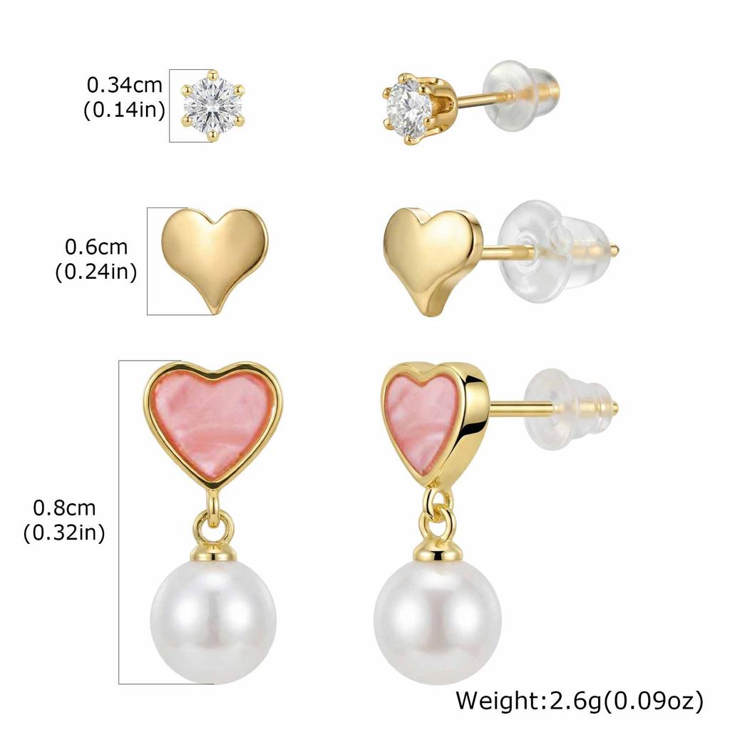 3pcs Set Romantic Heart Earrings for Women, Cubic Zircon Hypoallergenic Stud Earring Set, Fashion Piercing Jewelry