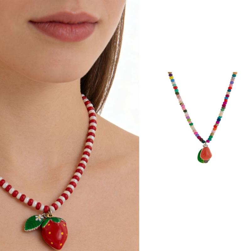 Lively Colorful Bead Necklace With Banana Strawberry Orange Fruit Charm Dopamine Inspired For Women Fashion Accessory