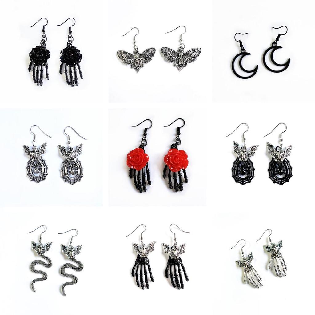 Unisex Punk Earrings: Gothic Skull, Bat, Snake, Spider, Moon, Rose, and Moth