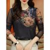 Women's Elegant Floral Print Crew Neck Long Sleeve T-Shirt - Semi-Sheer High Elasticity Top with Peony & Bird DesignSpring/Fall Casual Blouse