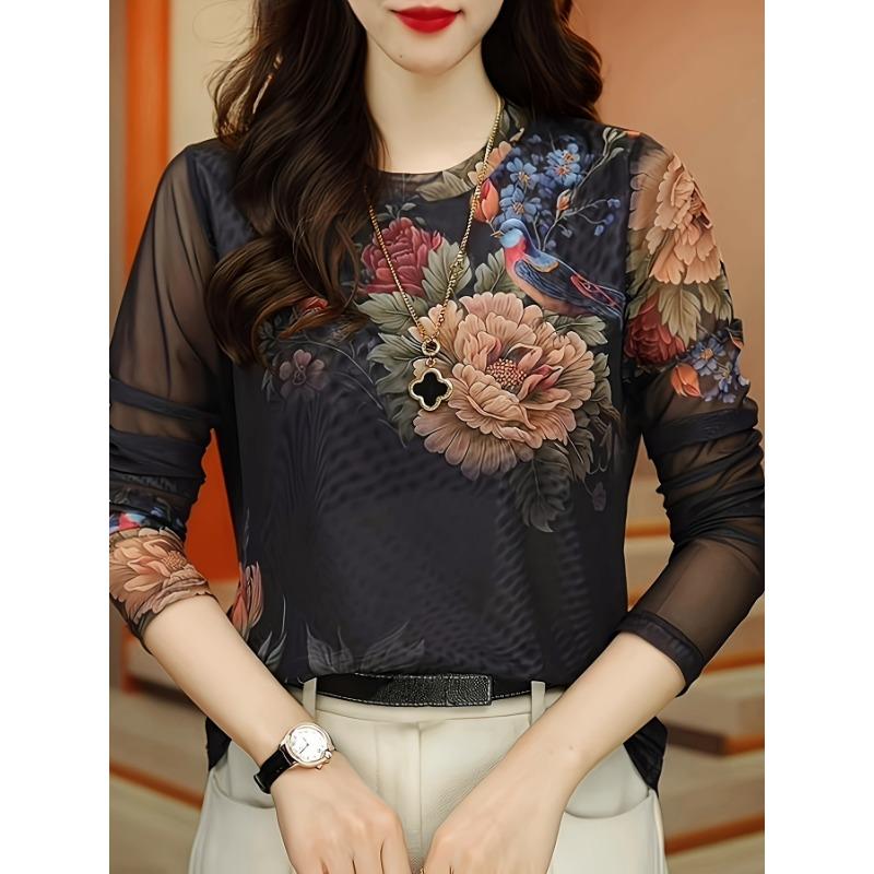 Women's Elegant Floral Print Crew Neck Long Sleeve T-Shirt - Semi-Sheer High Elasticity Top with Peony & Bird DesignSpring/Fall Casual Blouse