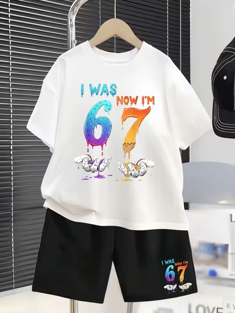 67 Meme T-Shirt for Kids 6-7 Years Old Birthday Party Gift Summer T-Shirt Short Pant Set Casual Boy Girl Short Sleeve Shorts Set