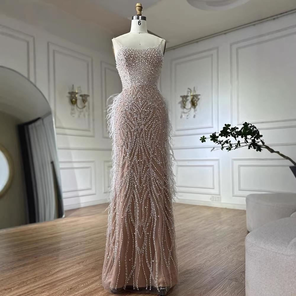SERENE HILL white nude light luxury elegant suspender beads fishtail host banquet evening dress LA11811