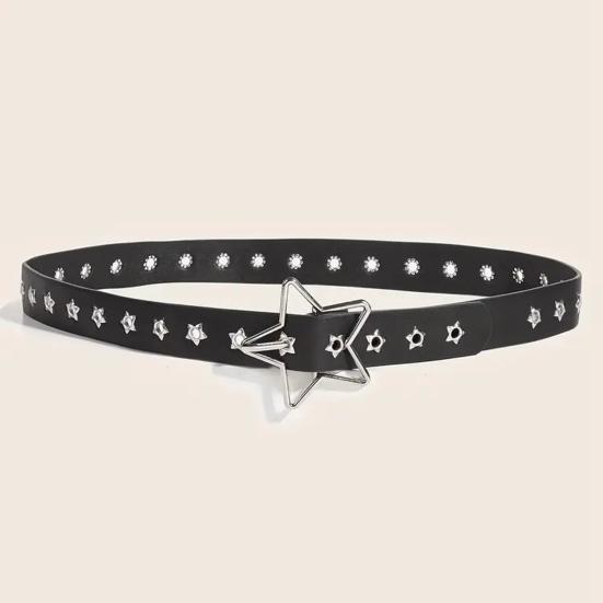 Women Belt Punk Style Rock Star Pattern Belt with Adjustable Hollow Hole Design Dresses Jeans Shirts Faux Leather Belt