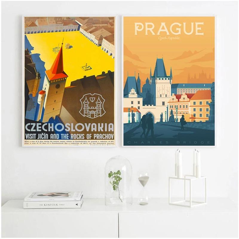 Visit Czech Republic Prague Canvas Paintings Vintage Travel Wall Kraft Posters Coated Wall Stickers Home Decoration Gift