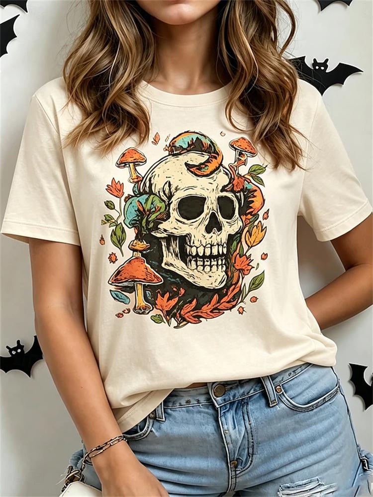 Unisexs Fashionable Casual Shortsleeve Halloween Tshirt With Spooky Skull Print And Round Neckline Perfect For Holiday Parties