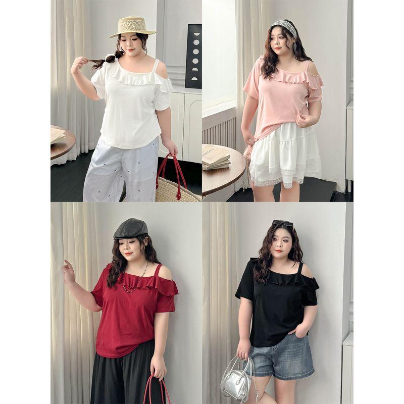 Plus size women clothing [Frill off-the-Shoulder T] Chubby Girl Design Sense Short sleeve T-shirt Summer All-Match Belly Covering Slimming Top