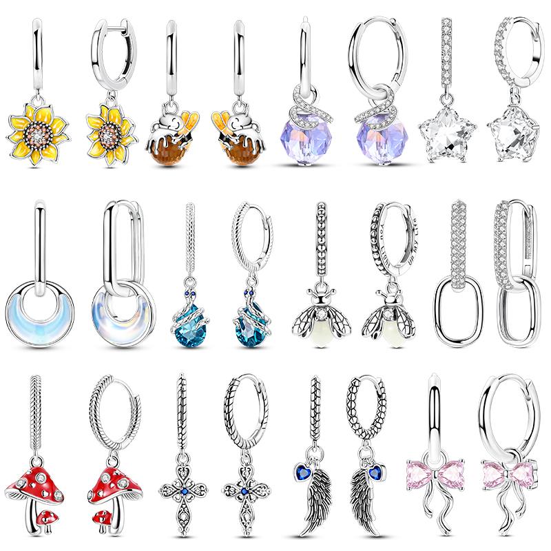 Woman Earring 925 Silver Original Eardrop Hoop Earring Sunflower Bee Bow Fashion Jewelry