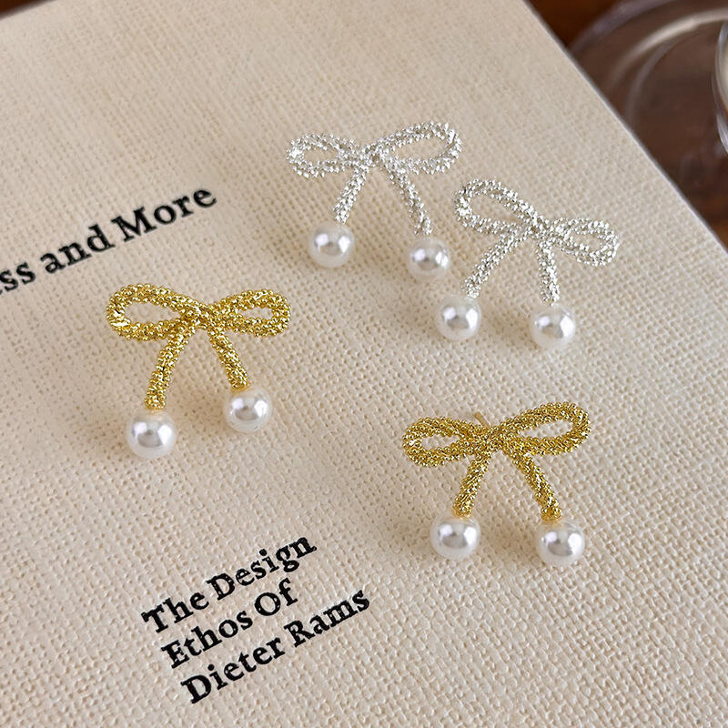 Simple Exquisite Bowknot Stud Earrings for Women Girl Sweet Cute Imitation Pearl Drop Earrings Daily Commute Jewelry Accessories