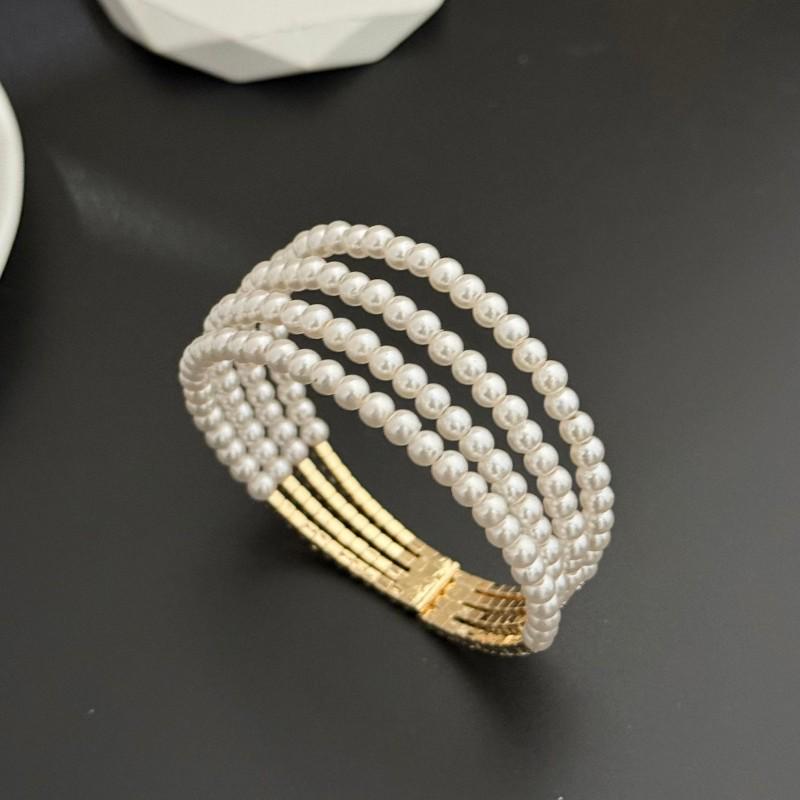 Elegant Multi-layer Pearl & Rhinestone Bangle Bracelet for Brides