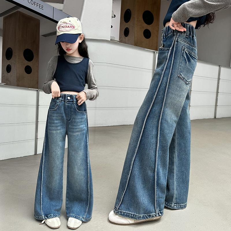Autumn Tween Girl Dark Blue Jeans Foldable Wide Leg Denim Pants Kids Child Spring High Waist Jeans Trousers Age 4 To 14 Y