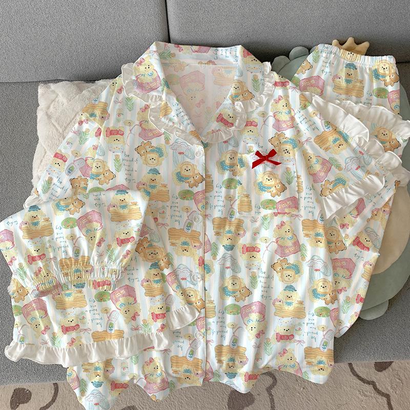 

Пижама женская летняя из хлопка с имитацией кружева, с короткими рукавами, для дома и улицы, комплект из трех предметов 2XL