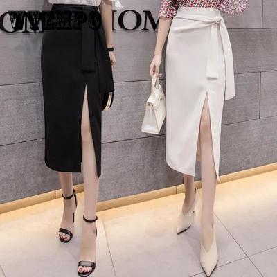 Saia de comprimento médio Saia de quadril de comprimento médio Feminino Verão Cintura alta Primavera Saia longa Saia de um passo Saia sexy fina de comprimento de quadril