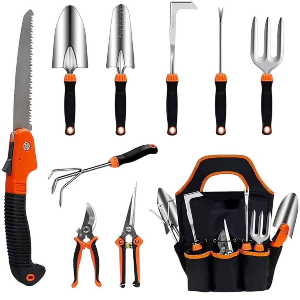 Garden Tool Set with Stainless Steel Hand Tools Ergonomic Handles Heavy Duty Pruning Shears Weeder Trowel Rake Tote Bag Included for Gardening Tasks