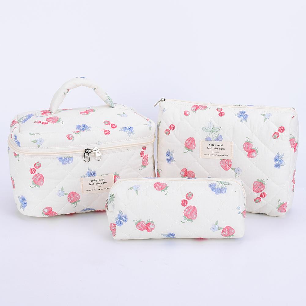 3Pcs Cute Quilted Cosmetic Bag Strawberry Print Quilting Storage Bag Adorable Padding Skincare Pouch Bathroom Shower Travel Bag