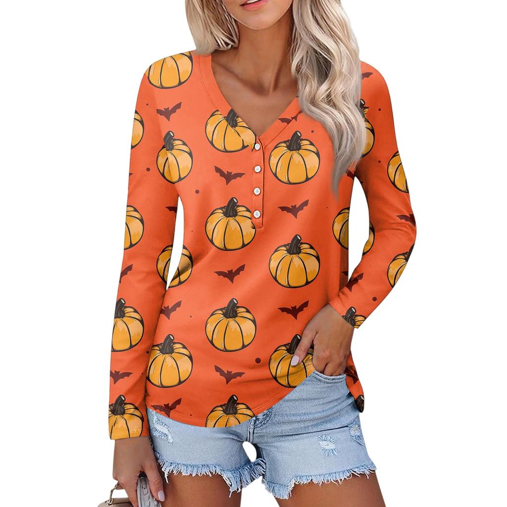 Women's Casual Fashion Sexy Comfort Halloween Printed V-Neck Button Long Sleeve