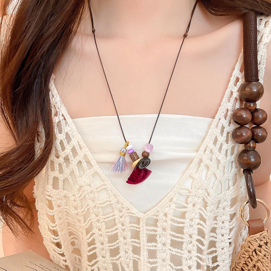 Dopamine Resin Orange Pitaya Watermelon Bead Leather Necklace - Personalized High-End Sweater Chain for Women
