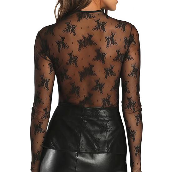 Sexy Oberteile Rundhalsausschnitt Langarm Durchsichtig Stickerei Spitze Blumenmuster Pullover Oberteile Vielseitiges Spitzen-Mesh-Layering-Shirt