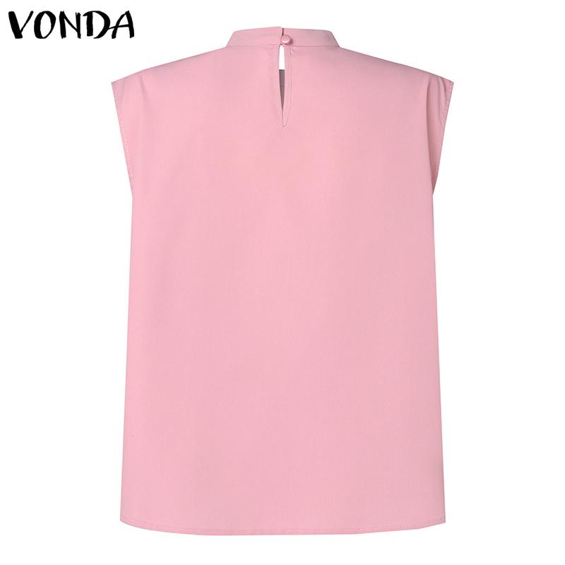 VONDA Women Summer Stand Collar Sleeveless Button Blouses