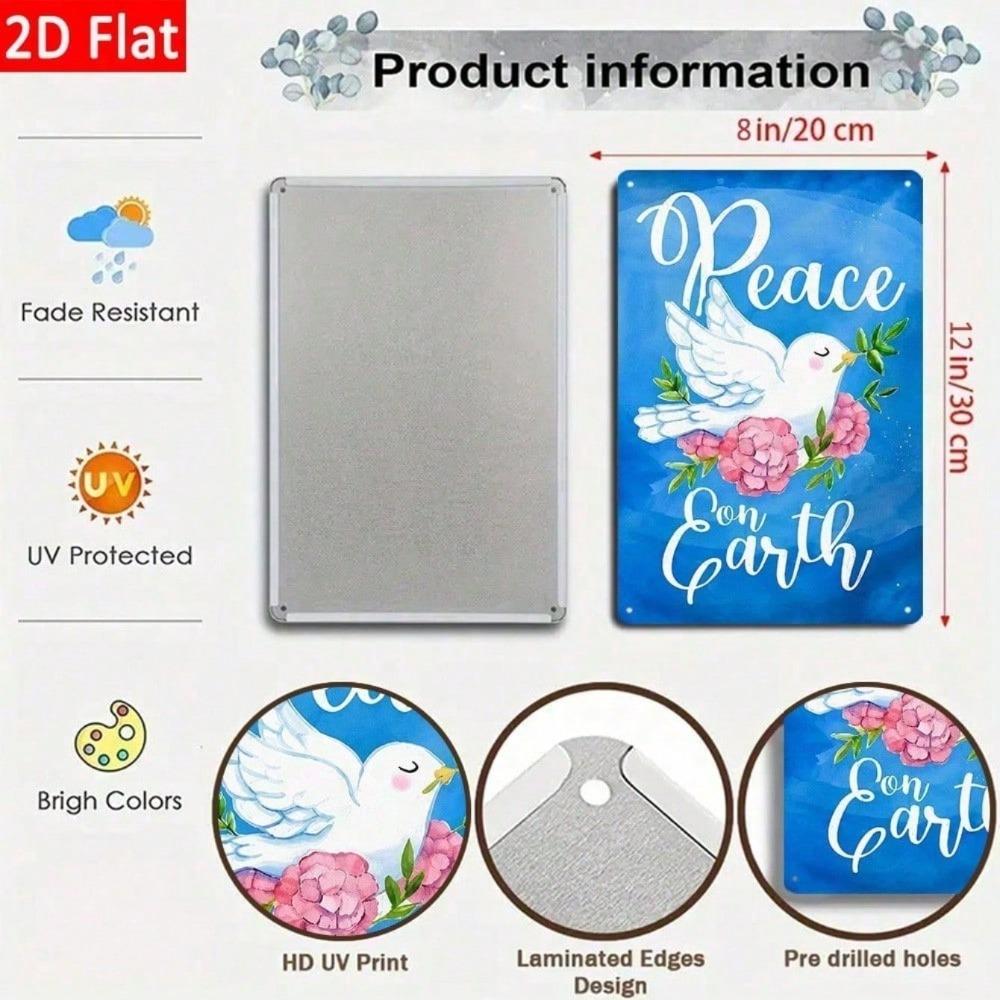 1pc Retro Peace on Earth Dove Roses Tin Sign, Christian Wall Art, 2D Flat Metal Plaque for Home Bar Cafe Decor, 12